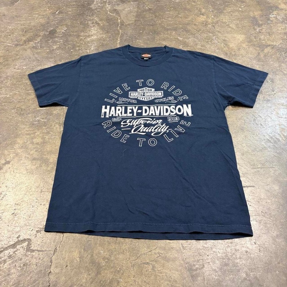 Harley Davidson Mens Navy Blue Live To Ride Biker Graphic T-Shirt Large 2000s